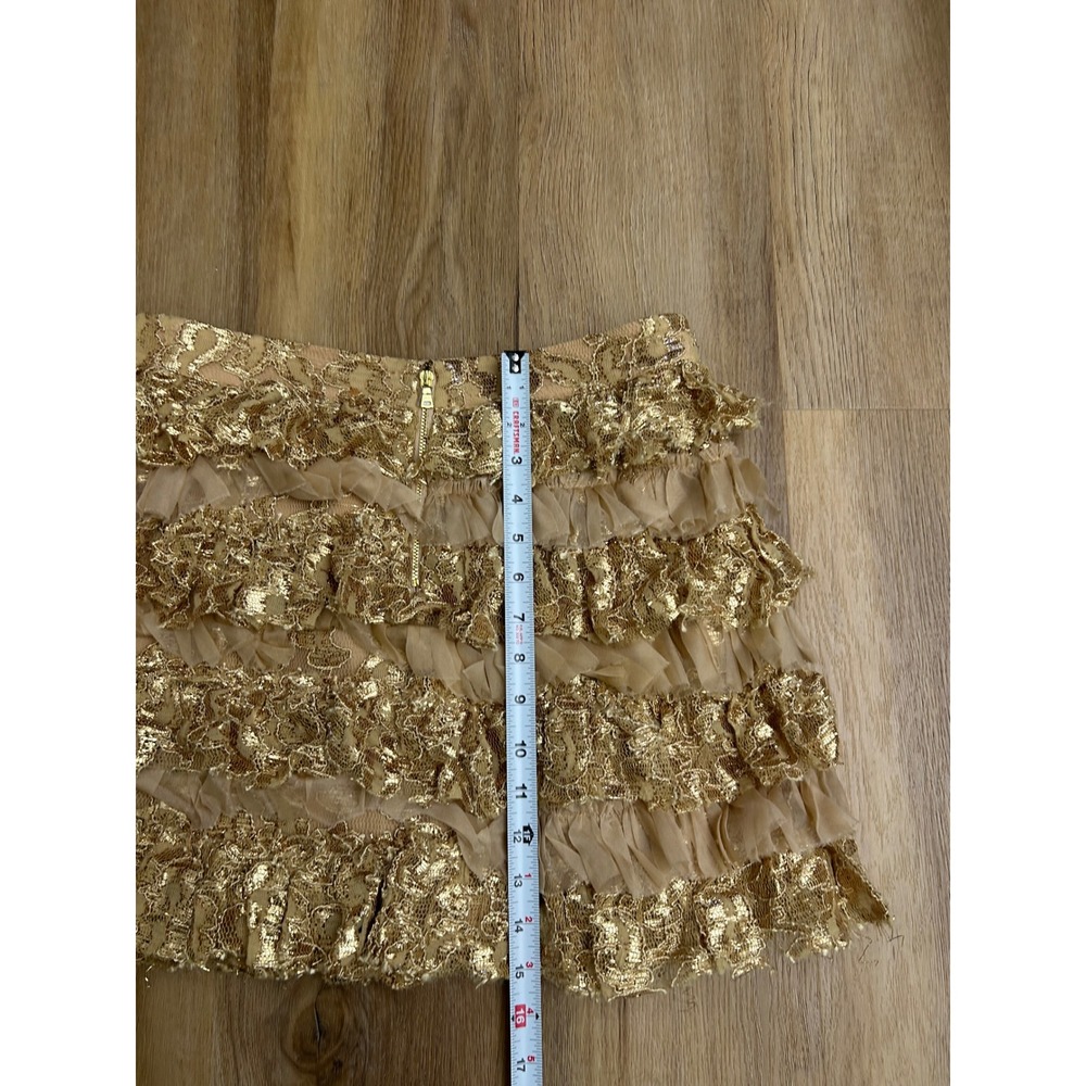 Alice + Olivia Gold Metallic Lace Tiered Ruffle Mini Skirt 8 party goingout - Picture 7 of 7